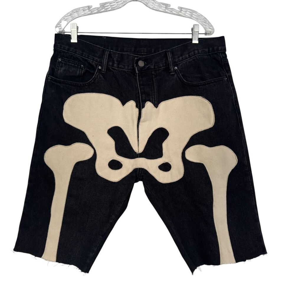 MNML Bermuda Shorts Mens 36 Black Denim Cutoff Skeleton Bones Embroidered